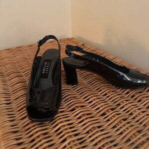 Stuart Weitzman Navy Patent Open toe, Sling back stacked 2 " heel, size 6